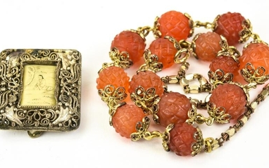 Antique Chinese Carved Carnelian & Bone Necklace