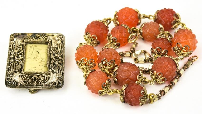 Antique Chinese Carved Carnelian & Bone Necklace