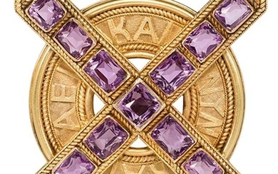 Antique Ernesto Pierret Etruscan Revival Gold and Amethyst Brooch