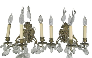Antique French pair of bronze & crystals sconces