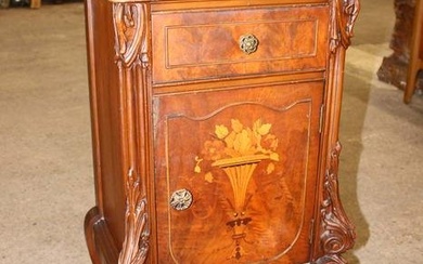 Antique French style carved burl walnut nightstand with exotic wood inlay