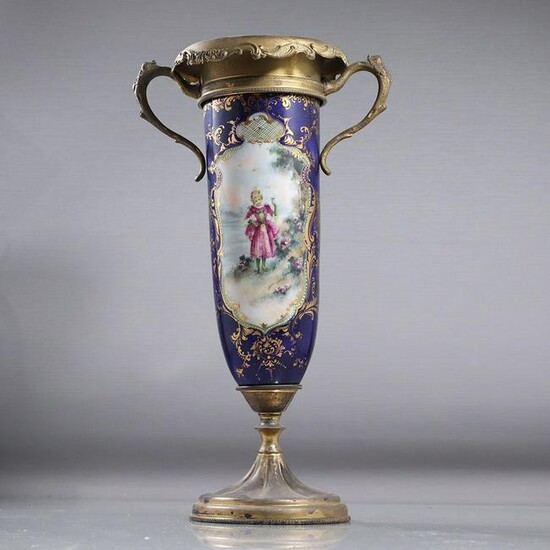 Antique Serves Porcelain Vase Bronze Mounts Genre Scene