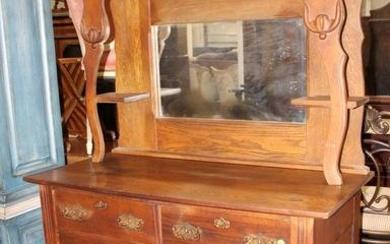 Antique oak 3 drawer 2 door buffet with carved mirror top approx. 42" w x 21" d x 73" h top 37"