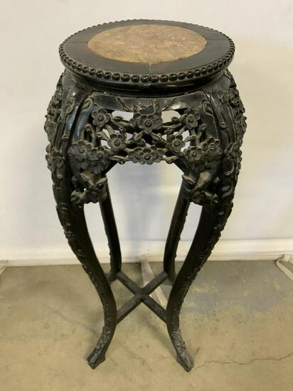 Antq Chinese 19th C Carved Wooden Marble Top Table