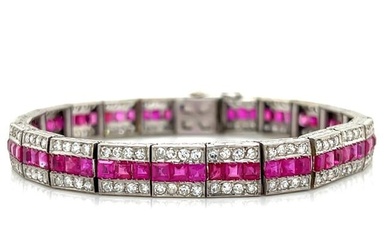 Art Deco 18K & Platinum Burma Ruby & Diamond Bracelet
