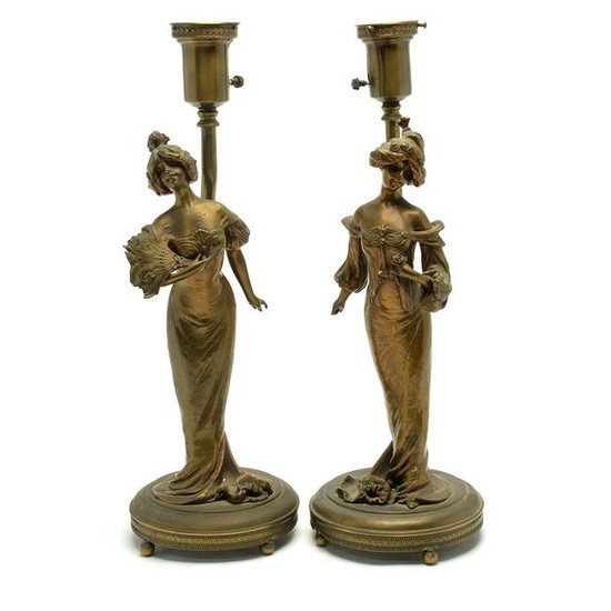 Art Nouveau Bronze Figural Table Lamp Pair After Lucien