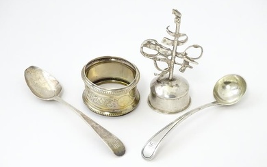 Assorted silver and white metal items to include a napkin ring hallmarked 1925, a Geo III silver