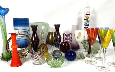 Assortment of coloured glass, including a large smoky glass goblet, four wine goblets, a barometer