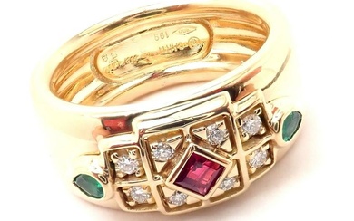 Authentic! Cartier Byzantine 18k Yellow Gold Diamond Ruby Emerald Band Ring