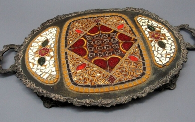 Ayeley Sela, Antique Pewter Coated English Silver Meat Tray with Mosaic Crafting by the Artist