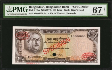BANGLADESH. Bangladesh Bank. 100 Taka, ND (1972). P-12as. Specimen. PMG Superb Gem Uncirculated 67 EPQ.