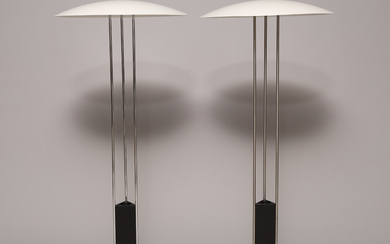 BJARNE FROST & OLE JESPERSEN. A pair of floor lamps, model Gino, chrome-plated steel frame, white lacquered metal shade, Denmark, (2).