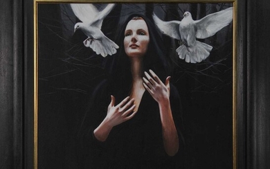 BLACK CLOAK AND DOVES, AN OIL BY GERARD BURNS