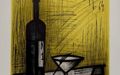 Bernard Buffet - Nature morte a la bouteille de vin et au pain, 1964 - Hand-signed