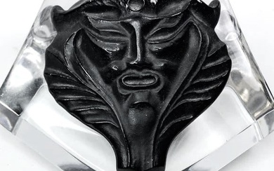 Black Lalique Crystal Paperweight with Egyptian Revival Figural Satyr Mask