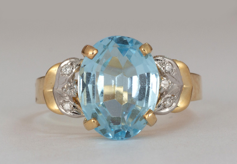 Blue topaz, diamond, 14k yellow gold ring