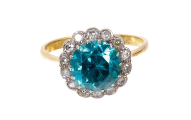 Blue zircon and diamond ring
