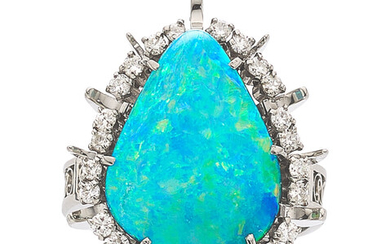 Boulder Opal, Diamond, Platinum Ring The ring features a...