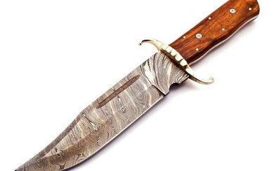 Brass "S Guard" Wood Handled Damascus Bowie Hunting Knife