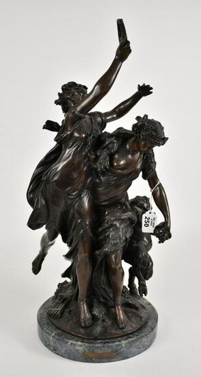 Bronze Sculpture, 2 Maidens & Satyr on Marble Base