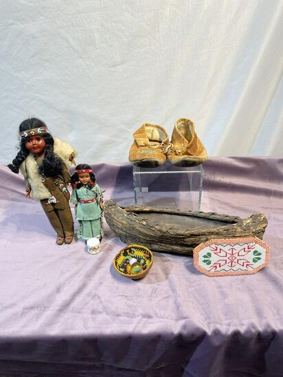 C. 1900s Native American Moccasins, Dolls, Bowl, Beaded