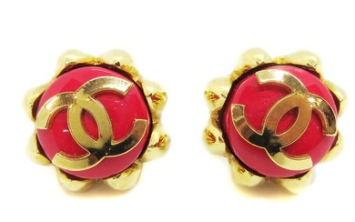 CHANEL CC Logos Stone Earrings Clip-On Gold-Tone Red 29