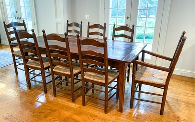 CHESTNUT FARM TABLE & (8) LADDER BACK CHAIRS
