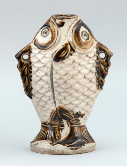 CHINESE CIZHOU POTTERY VASE In double fish form, with raised scales and brown details. Height 8.3".