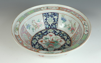 CHINESE FAMILLE ROSE PORCELAIN BASIN. Panels of rose, green, and...