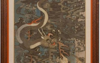 CHINESE FRAMED EMBROIDERY WITH DRAGON & QILIN