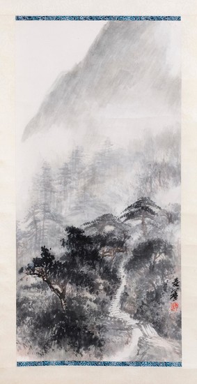 CHINESE SCROLL PAINTING ON PAPER Depicting a mountain trail. Signed and seal marked lower right. 26" x 12".