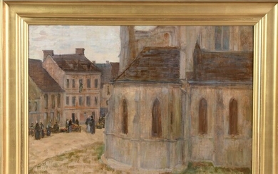 CLARY Eugène. (1856-1929). « Scène de marché autour de l’église ». Huile sur toile signée....