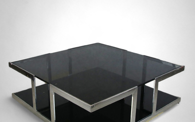 COFFEE TABLE, polished stainless steel, glass plates, contemporary.
