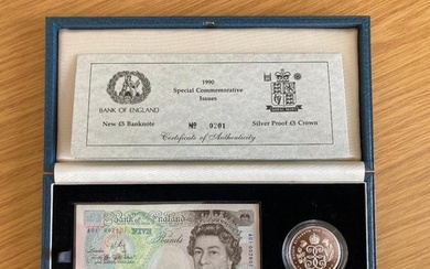 COINS 1990 £5 Bank note and £5 Silver Bank of England coin s...