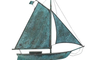COPPER SAILBOAT WEATHER VANE With green patina. Height 31". Length 31".