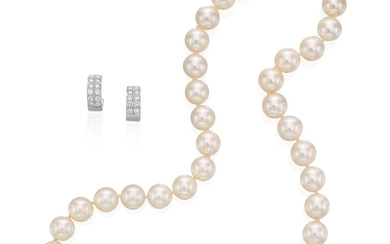 CULTURED PEARL AND DIAMOND NECKLACE, AND PAIR OF DIAMOND EARRINGS...