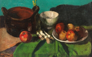 Carl Schuch, 1846 – 1903, Stillleben mit Gefässen, Äpfeln und Lauchzwiebeln