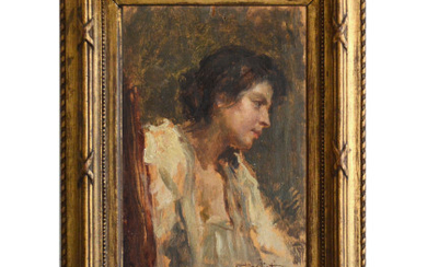 Carlo Stragliati ( Milano 1869 - 1925 ) , "Ritratto femminile" olio su tavola (cm 27,5x16,5) Firmato e dedicato "Stragliati a Formis" in basso a destra In cornice (difetti)