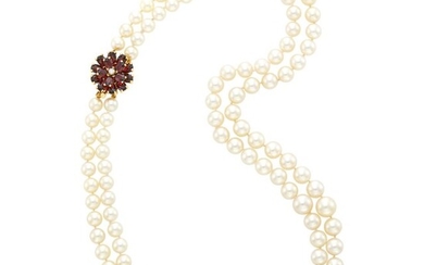 Cartier Double Strand Cultured Pearl Necklace with Gold, Garnet and Diamond Flower Clasp