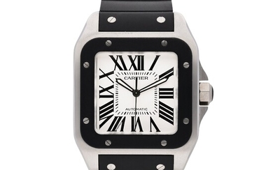Cartier Reference 2656 Santos 100 | A stainless steel square shaped wristwatch with black rubber bezel, Circa 2015