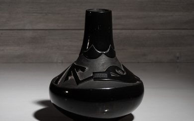 Carved Blackware Pottery Vase, with Avanyu,Crucita Calabaza, Blue Corn