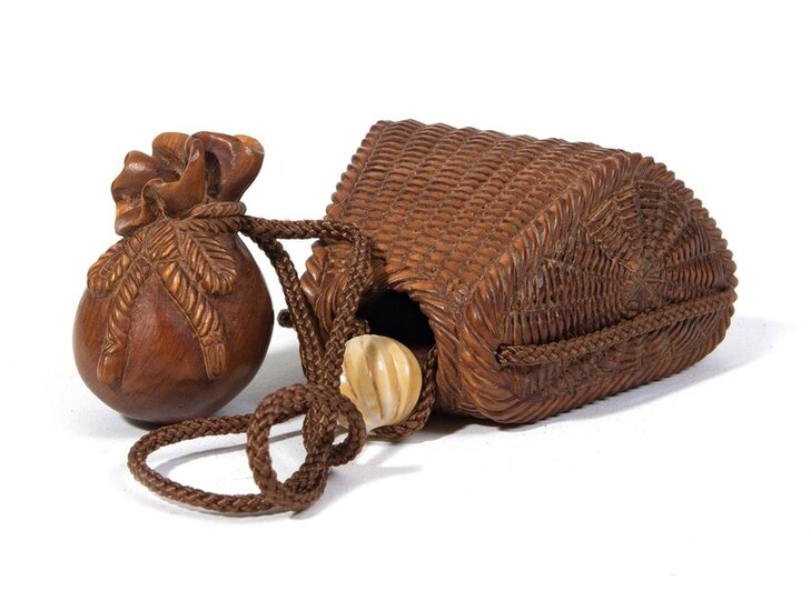 Carved natural wood container in the shape of a bag, with an Ojime pearl and a carved boxwood netsuke. Meiji period.