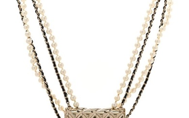 Chanel Metal Lambskin Pearl Chain Flap Bag Multi Strand Long Necklace Gold Black Pearly White