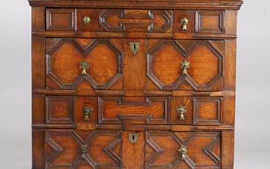 Charles II oak geometric chest of drawers, the rectangular top above four long geometric drawers