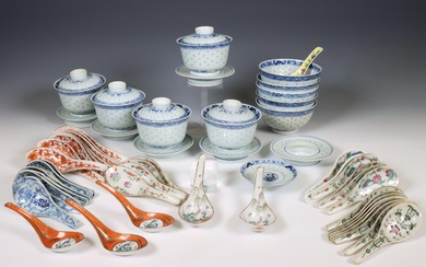 China, a collection of porcelain rice-bowls and spoons, modern