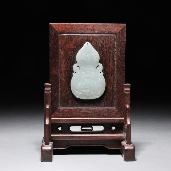 Chinese Carved Jade & Hardwood Miniature Table Screen