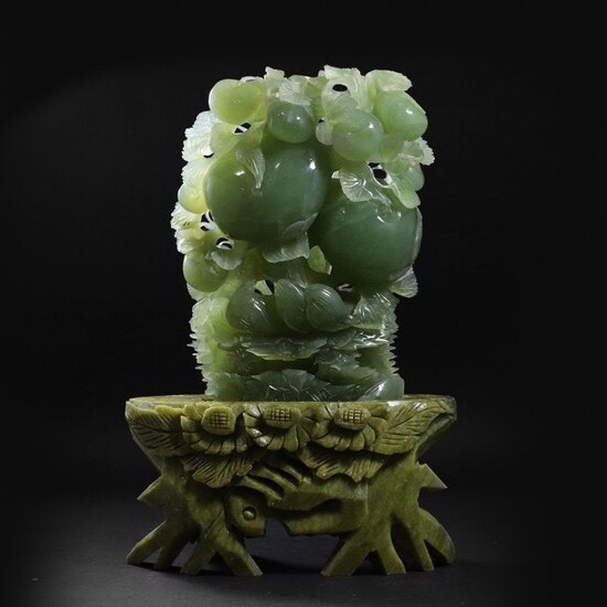 Chinese Green Jade Carved Sculpture Birds and Fruit