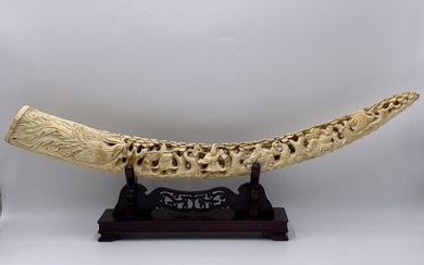 Chinese Hand Carved Bone Scene with Dragon on Wooden Base