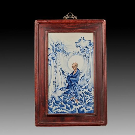 Chinese Porcelain Screen With Hardwood Frame