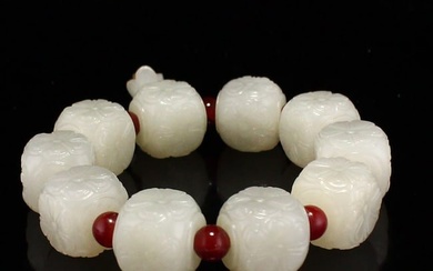 Chinese Qing Dynasty White Hetian Jade Beads Bracelet/Hand Chain